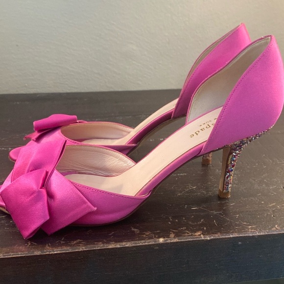 Women's Kate Spade New York Hot Pink Peep Toe Pumps With Glitter Heel Size 7.5 - Picture 6 of 15